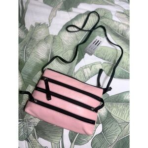New York Pastel Pink Black Faux Leather Multi Zipper Pocket Shoulder Purse Bag